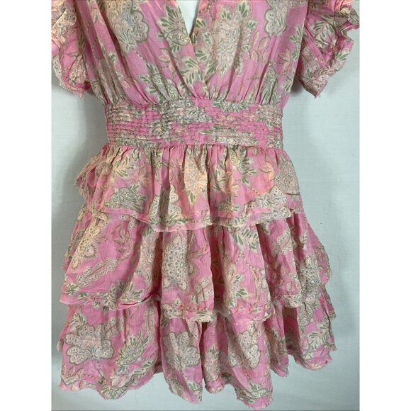 Olivaceous Dress size M Floral Tiered Cottage linen pink flounce flutter sleeve - Picture 3 of 13